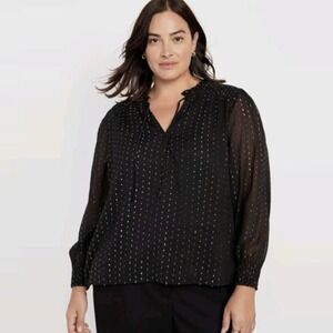 Old Navy Ruffle Trim Black Blouse Plus 3X Silver Clip Dot Accent‎ Smocked Top